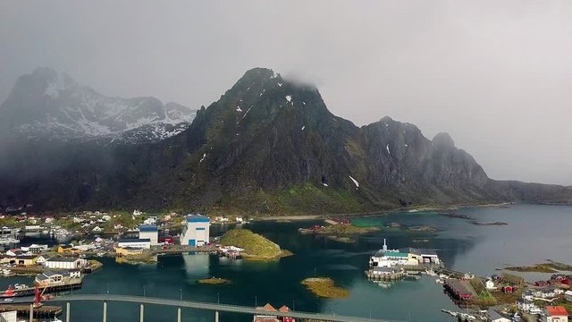 Aerial view of Svolvaer Norway, Svolvaer - Norwegian town aerial view, Fishing huts stand in rows in a village in the Arctic Lofoten Islands, fishing village on the lofoten islands Norway
