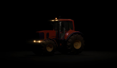 New tractor standing on black background, a modern agricultural transport with headlights closeup. 3d render.
