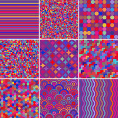 Set with nine pink seamless abstract geometric pattern, vector illustration