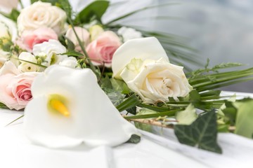 white wedding limousine with flower decoration close up