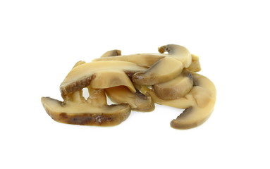 canned mushroom pieces on a white background. 