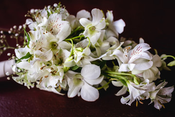 wedding bouquet on wooden table, rustic bouquet for bride.