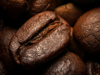 Coffee beans Close-up macro shot are roasted.
