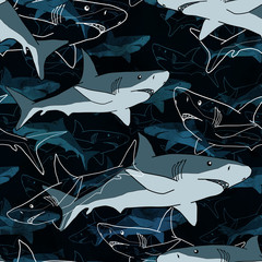 Seamless abstract sea pattern with sharks, blue background. - 267654135