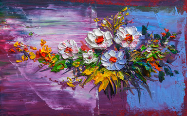 Oil painting a bouquet of flowers . - obrazy, fototapety, plakaty