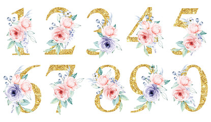 Numbers with watercolor flowers and leaf. Gold glitter numbers perfectly for wedding invitation, greeting card, logo, poster and other floral design. Hand painting. Isolated on white background.