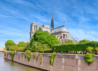 Undamaged east facade of Notre Dame de Paris in Springtime before the fire