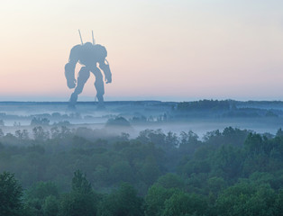 Sci-fi military giant battle machine. Humanoid robot in apocalypse countryside. Dystopia, science...