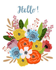 Vertical postcard template with cute hand drawing bright bouquet of flowers on a white background, vector