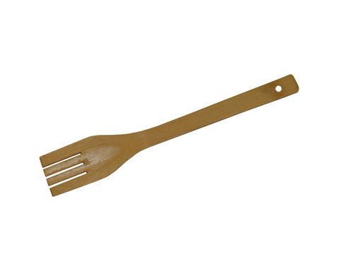 Cuchara de madera con fondo blanco.
