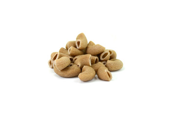 Rustic rigatoni pasta isolated on white background. Maccheroni integrals pasta. Wholemeal Pasta. Close-up on a Integral Penne.