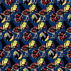 Naklejka premium Roosters with folk style flowers drawn with yellow and red colors on a dark blue background
