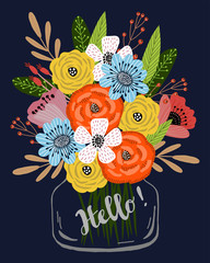 Vertical postcard template with cute hand drawing bright bouquet of flowers in a glass jar on a dark blue background, vector
