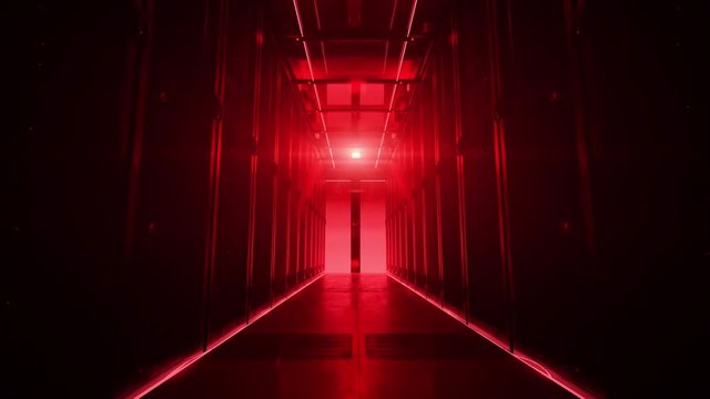 Camera slowly moving along the corridor in data center when red light suddenly lights up in server room creating dangerous atmosphere of hacker attack or blackout. Photorealistic 3D render animation