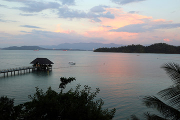 sunset on Gaya Island overlooking the Jetty and Kota Kinabalu (Borneo) - Gaya Island Sabah Malaysia...