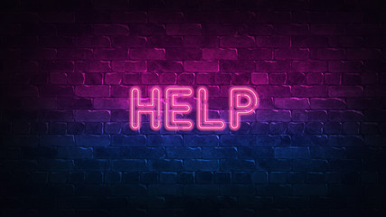 help neon sign. purple and blue glow. neon text. Brick wall lit by neon lamps. Night lighting on the wall. 3d illustration. Trendy Design. light banner, bright advertisement