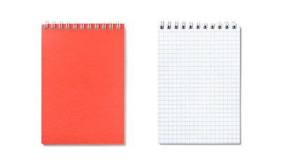 Coral notepad with spiral binding isolated, top view. Open and closed version. Set office, double side.