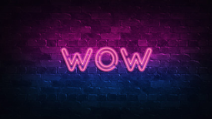 wow neon sign. purple and blue glow. neon text. Brick wall lit by neon lamps. Night lighting on the wall. 3d illustration. Trendy Design. light banner, bright advertisement - obrazy, fototapety, plakaty