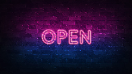 open neon sign. purple and blue glow. neon text. Brick wall lit by neon lamps. Night lighting on the wall. 3d illustration. Trendy Design. light banner, bright advertisement