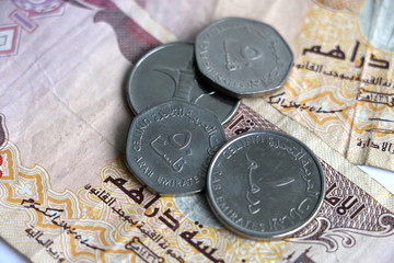 close-up of Dirham money from the United Arab Emirates, notes and coins, with short depth of field