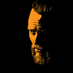 Bearded Man portrait silhouette in backlight. Contrast face. Illustration.