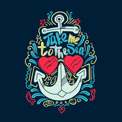 Hand drawn vintage label with an anchor and lettering on blackboard. Creative print for girls, boys, clothes