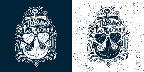 Hand drawn vintage monochrome label with an anchor and lettering on blackboard. Creative print for girls, boys, clothes