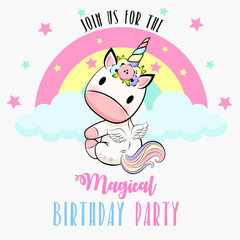 Birthday party invitation with baby unicorn