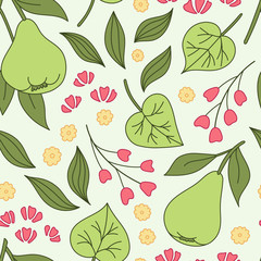 Seamless botanical pattern with flowers, fruits and different leaves