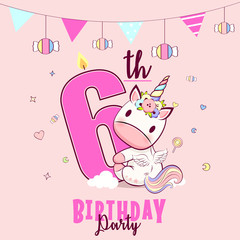 Birthday party invitation with baby unicorn