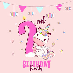 Birthday party invitation with baby unicorn