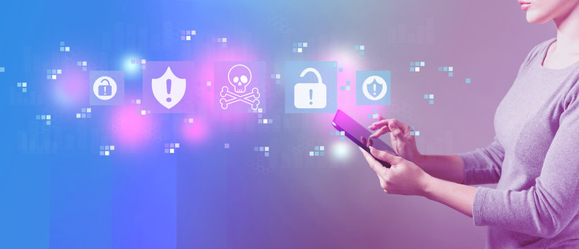 Virus and scam theme with business woman using a tablet computer 