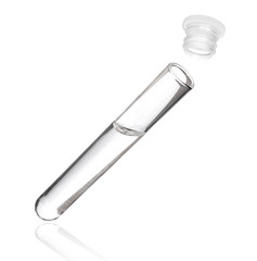 Vial with transparent liquid close up on white background