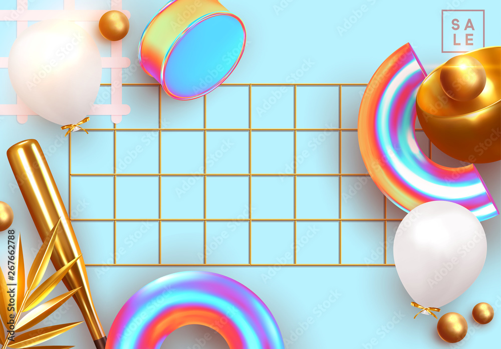 Poster Minimal design background with realistic 3d objects of different shapes