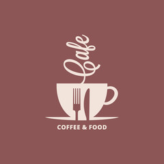 Coffee cup with fork and knife. Food and coffee