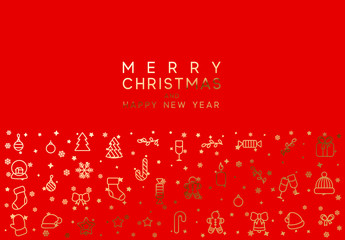 Merry Christmas red background with Xmas Golden objects, linear style design elements.