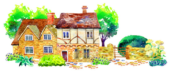 Fototapeta premium Scene with two countryhouses, fence, trees, bushes and plants. Watercolor old stone europe house. Hand drawn illustration