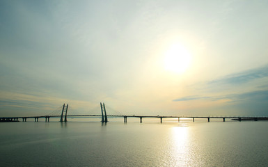 Gate bridge at the sunset in Sankt Peterburg on bright sky background