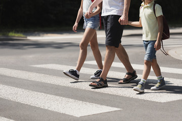 Father holding hands with his kids while on pedestrian crossing - obrazy, fototapety, plakaty
