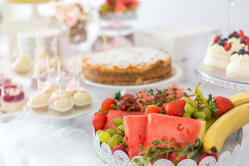 Fresh fruit diet option on dessert buffet at wedding reception or birthday party. 