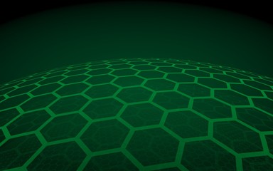 Multilayer sphere of honeycombs, green on a dark background, social network, computer network, technology, global network. 3D illustration