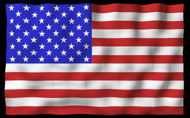 Naklejka premium Waving flag of the United States of America on a dark background. Stars and Stripes. State symbol of the USA. 3D illustration