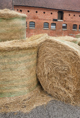 Haystacks on horse farm close up