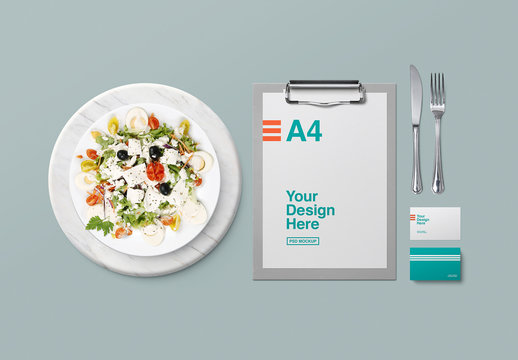 Top View Mockup of Dinner Plate, Clipboard, and Business Cards