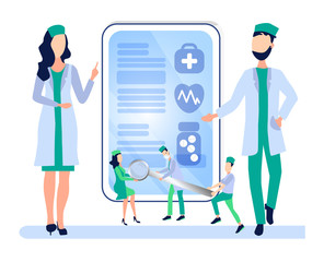The concept of medicine online. Medical and psychological care, family doctor, Doctors provide medical care. Banner health. Vector illustration