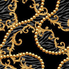 Golden chain glamour baroque style seamless pattern background.