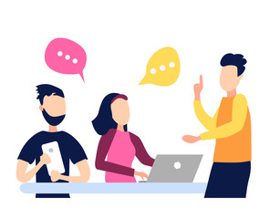 Coworking. The concept of collaboration. Businessmen, managers, freelancers discuss Finance, marketing, social networks, news, chat. Vector illustration, flat style for websites, Internet