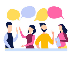 The concept of collaboration. Businessmen and managers discuss Finance and marketing, social networks, news, chat. Vector illustration, flat style for websites, Internet