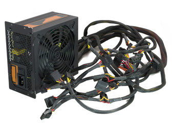 Computer high power supply for gaming and cryptocurrency mining on insulated white background.