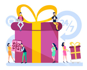 Shopping concept and delivery of goods via online form. Various shops, discounts, purchase of goods and gifts via the Internet. Search for employees, open position. Vector illustration, flat style